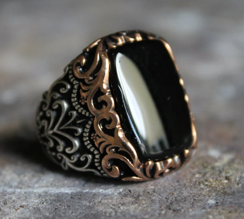 RARE PRINCE by CARAT SUTRA | Unique Turkish Style Ring with Natural Black Onyx | 925 Sterling Silver Oxidized Ring | Men's Jewelry | With Certificate of Authenticity and 925 Hallmark - Image 5
