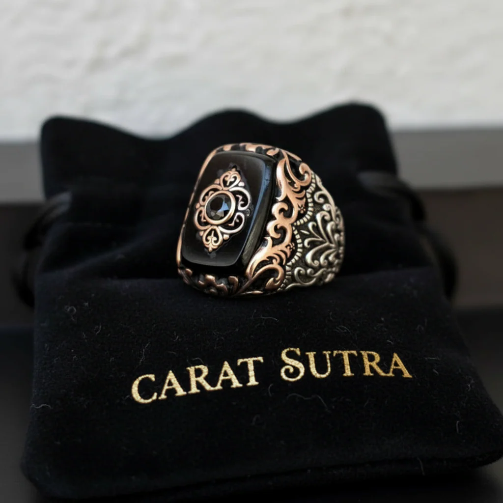 RARE PRINCE by CARAT SUTRA | Unique Turkish Style Ring with Natural Black Onyx | 925 Sterling Silver Oxidized Ring | Men's Jewelry | With Certificate of Authenticity and 925 Hallmark - Image 3