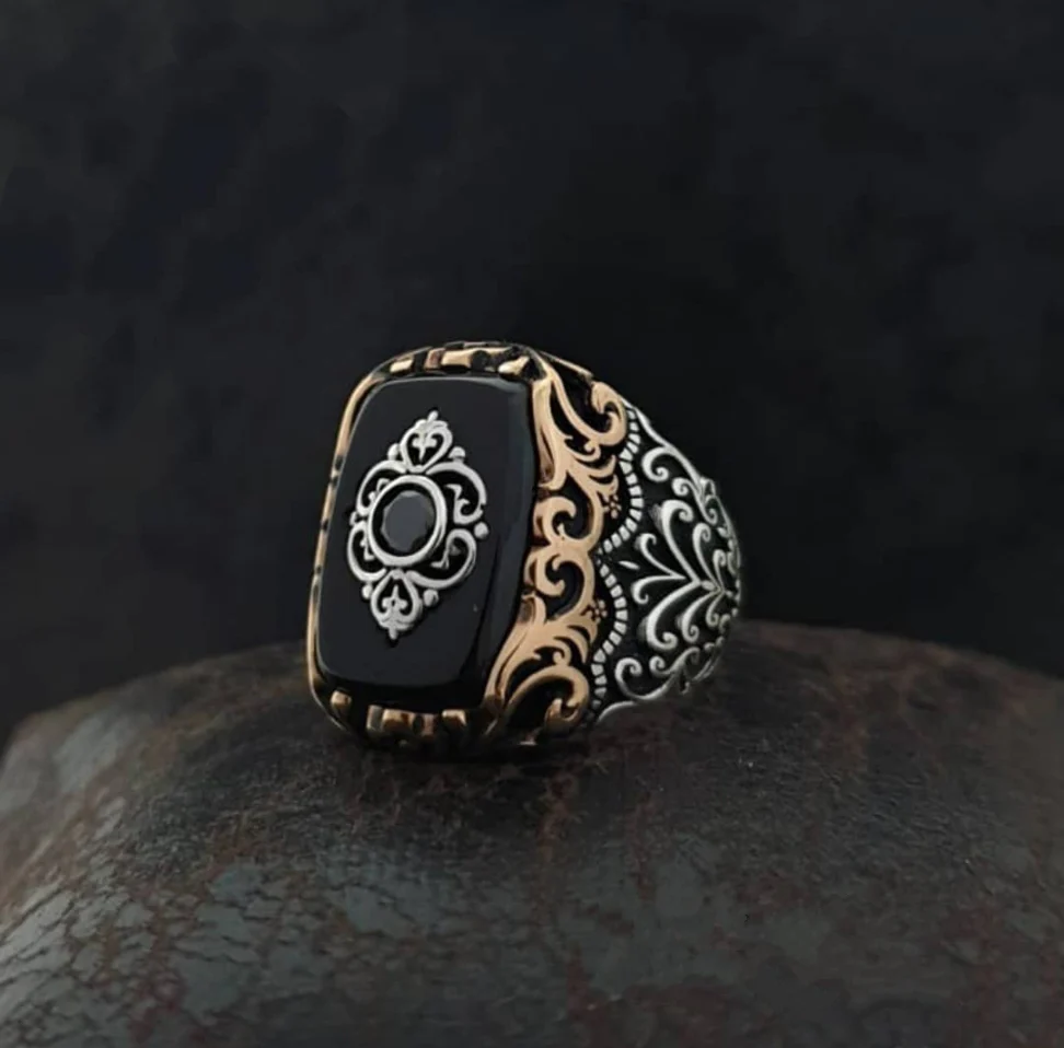RARE PRINCE by CARAT SUTRA | Unique Turkish Style Ring with Natural Black Onyx | 925 Sterling Silver Oxidized Ring | Men's Jewelry | With Certificate of Authenticity and 925 Hallmark - Image 5
