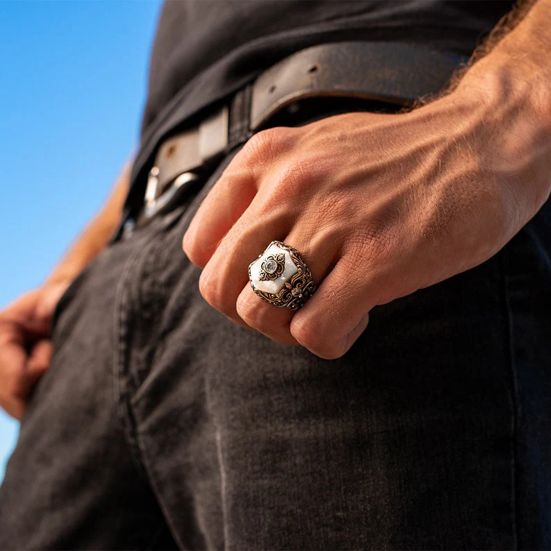 RARE PRINCE by CARAT SUTRA | Unique Turkish Style Ring with Natural Pearl | 925 Sterling Silver Oxidized Ring | Men's Jewelry | With Certificate of Authenticity and 925 Hallmark - Image 4