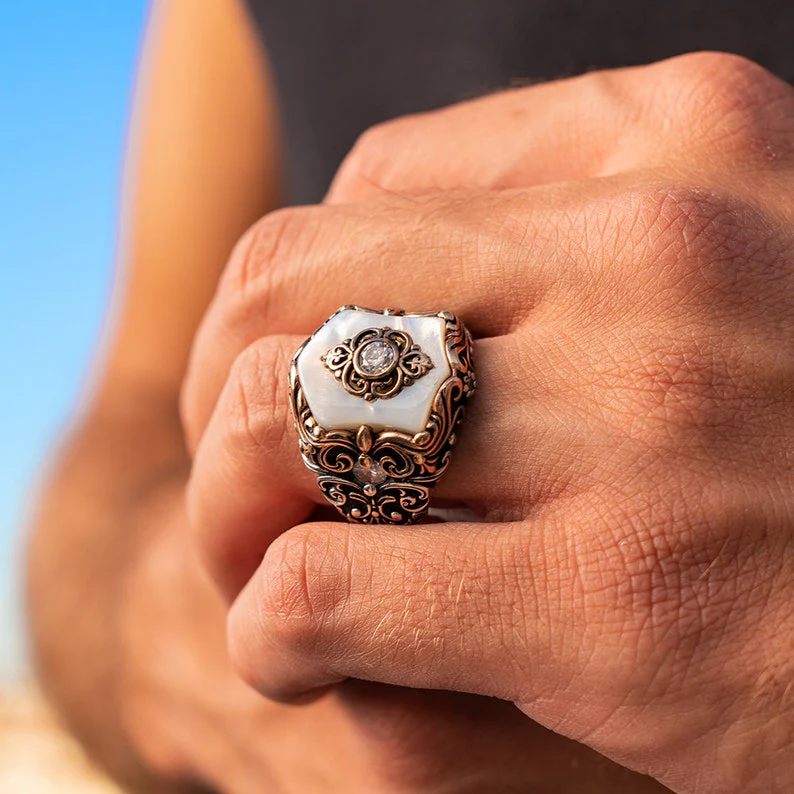 RARE PRINCE by CARAT SUTRA | Unique Turkish Style Ring with Natural Pearl | 925 Sterling Silver Oxidized Ring | Men's Jewelry | With Certificate of Authenticity and 925 Hallmark - Image 5