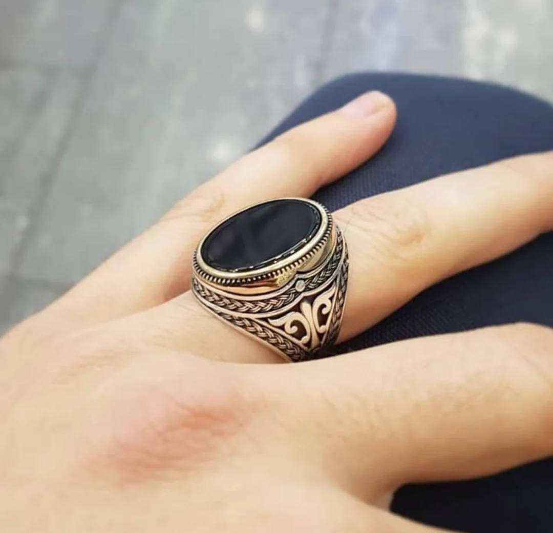 RARE PRINCE by CARAT SUTRA | Unique Turkish Style Ring with Natural Black Onyx | 925 Sterling Silver Oxidized Ring | Men's Jewelry | With Certificate of Authenticity and 925 Hallmark - Image 5