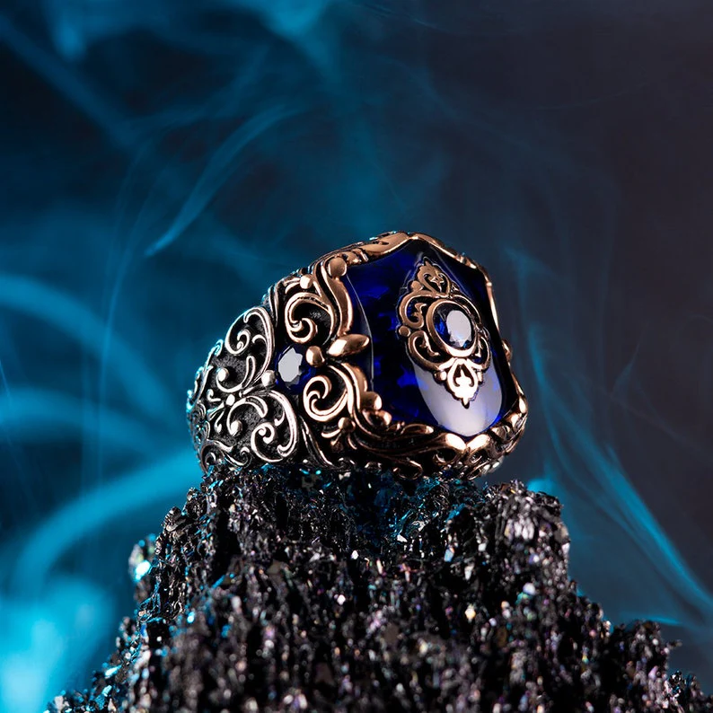RARE PRINCE by CARAT SUTRA | Unique Turkish Style Ring with Blue Zircon | 925 Sterling Silver Oxidized Ring | Men's Jewelry | With Certificate of Authenticity and 925 Hallmark