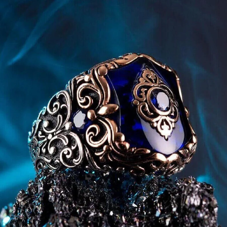 RARE PRINCE by CARAT SUTRA | Unique Turkish Style Ring with Blue Zircon | 925 Sterling Silver Oxidized Ring | Men's Jewelry | With Certificate of Authenticity and 925 Hallmark - Image 2