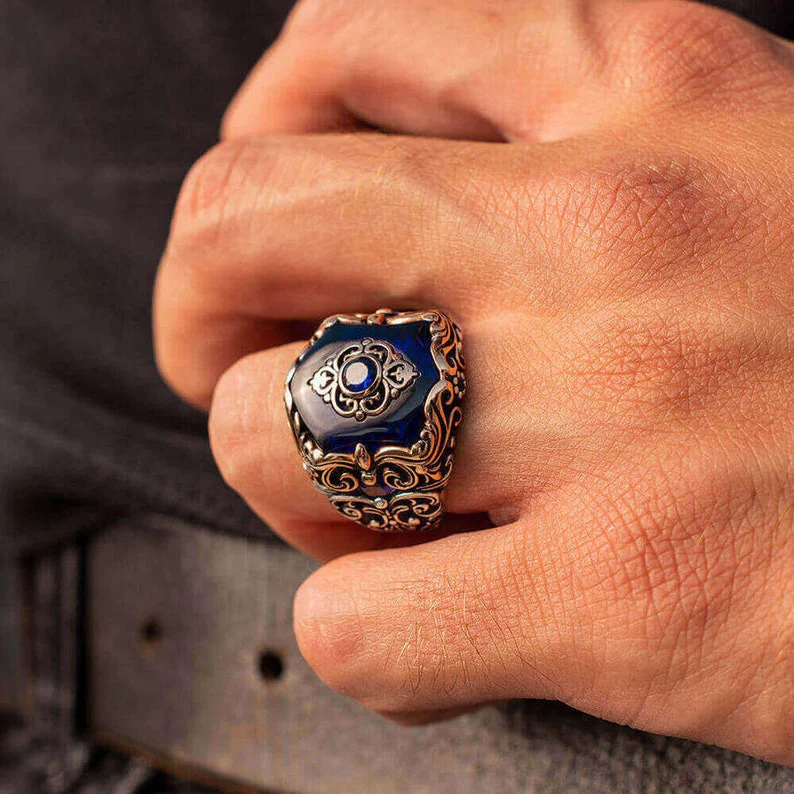 RARE PRINCE by CARAT SUTRA | Unique Turkish Style Ring with Blue Zircon | 925 Sterling Silver Oxidized Ring | Men's Jewelry | With Certificate of Authenticity and 925 Hallmark - Image 3
