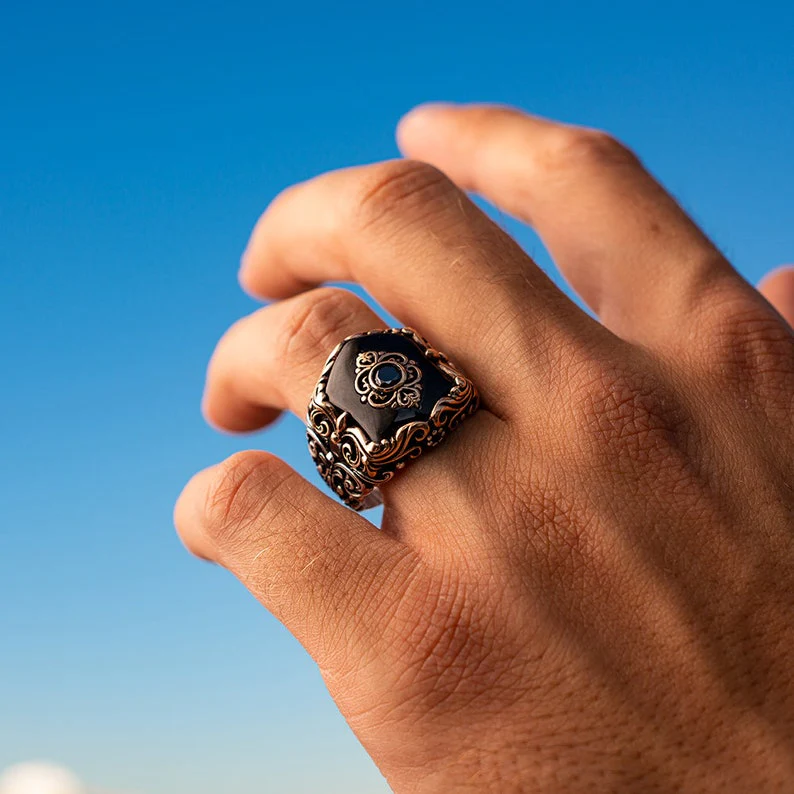 RARE PRINCE by CARAT SUTRA | Unique Turkish Style Ring with Blue Zircon | 925 Sterling Silver Oxidized Ring | Men's Jewelry | With Certificate of Authenticity and 925 Hallmark - Image 4