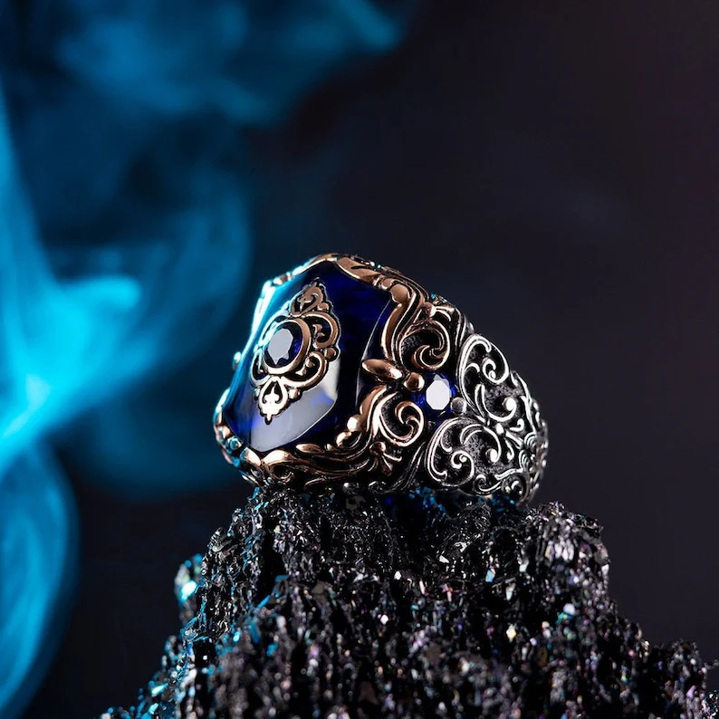 RARE PRINCE by CARAT SUTRA | Unique Turkish Style Ring with Blue Zircon | 925 Sterling Silver Oxidized Ring | Men's Jewelry | With Certificate of Authenticity and 925 Hallmark - Image 5