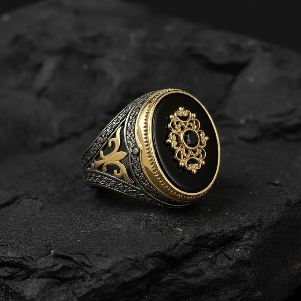 RARE PRINCE by CARAT SUTRA | Unique Turkish Style Ring with Natural Black Onyx | Black Rhodium & Gold Plated 925 Sterling Silver Ring | Men's Jewelry | With Certificate of Authenticity and 925 Hallmark
