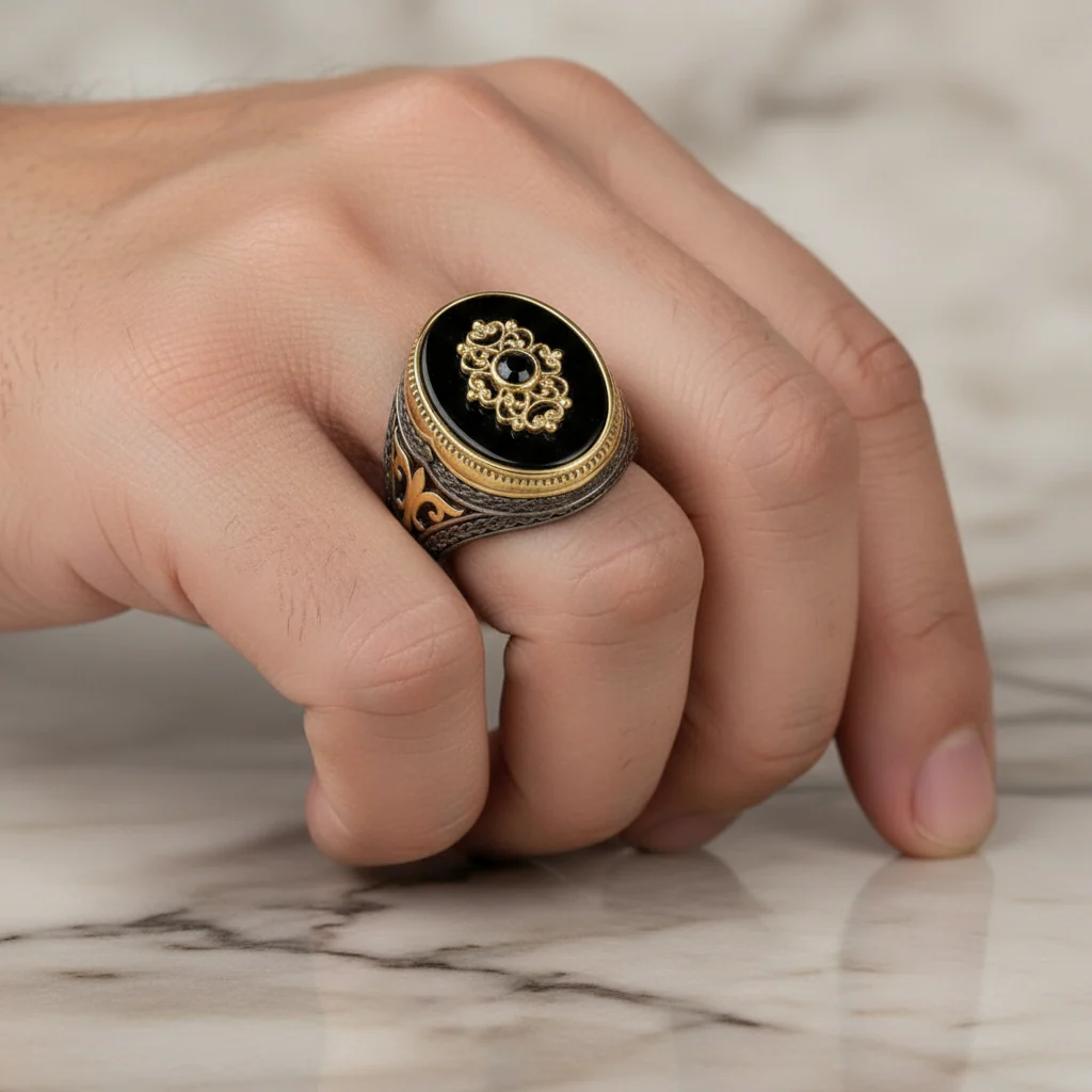 RARE PRINCE by CARAT SUTRA | Unique Turkish Style Ring with Natural Black Onyx | Black Rhodium & Gold Plated 925 Sterling Silver Ring | Men's Jewelry | With Certificate of Authenticity and 925 Hallmark - Image 2