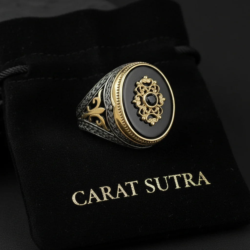 RARE PRINCE by CARAT SUTRA | Unique Turkish Style Ring with Natural Black Onyx | Black Rhodium & Gold Plated 925 Sterling Silver Ring | Men's Jewelry | With Certificate of Authenticity and 925 Hallmark - Image 3
