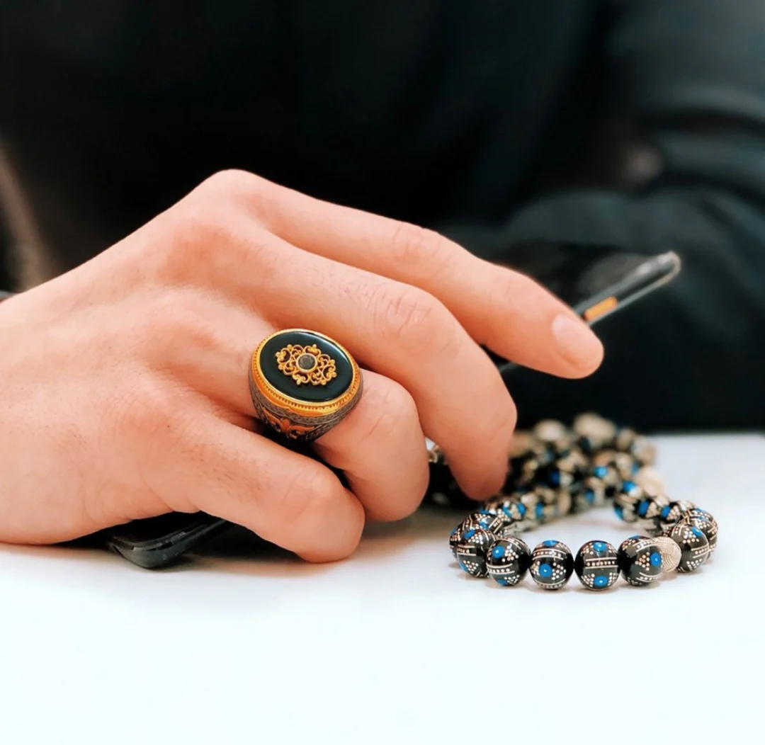 RARE PRINCE by CARAT SUTRA | Unique Turkish Style Ring with Natural Black Onyx | Black Rhodium & Gold Plated 925 Sterling Silver Ring | Men's Jewelry | With Certificate of Authenticity and 925 Hallmark - Image 4
