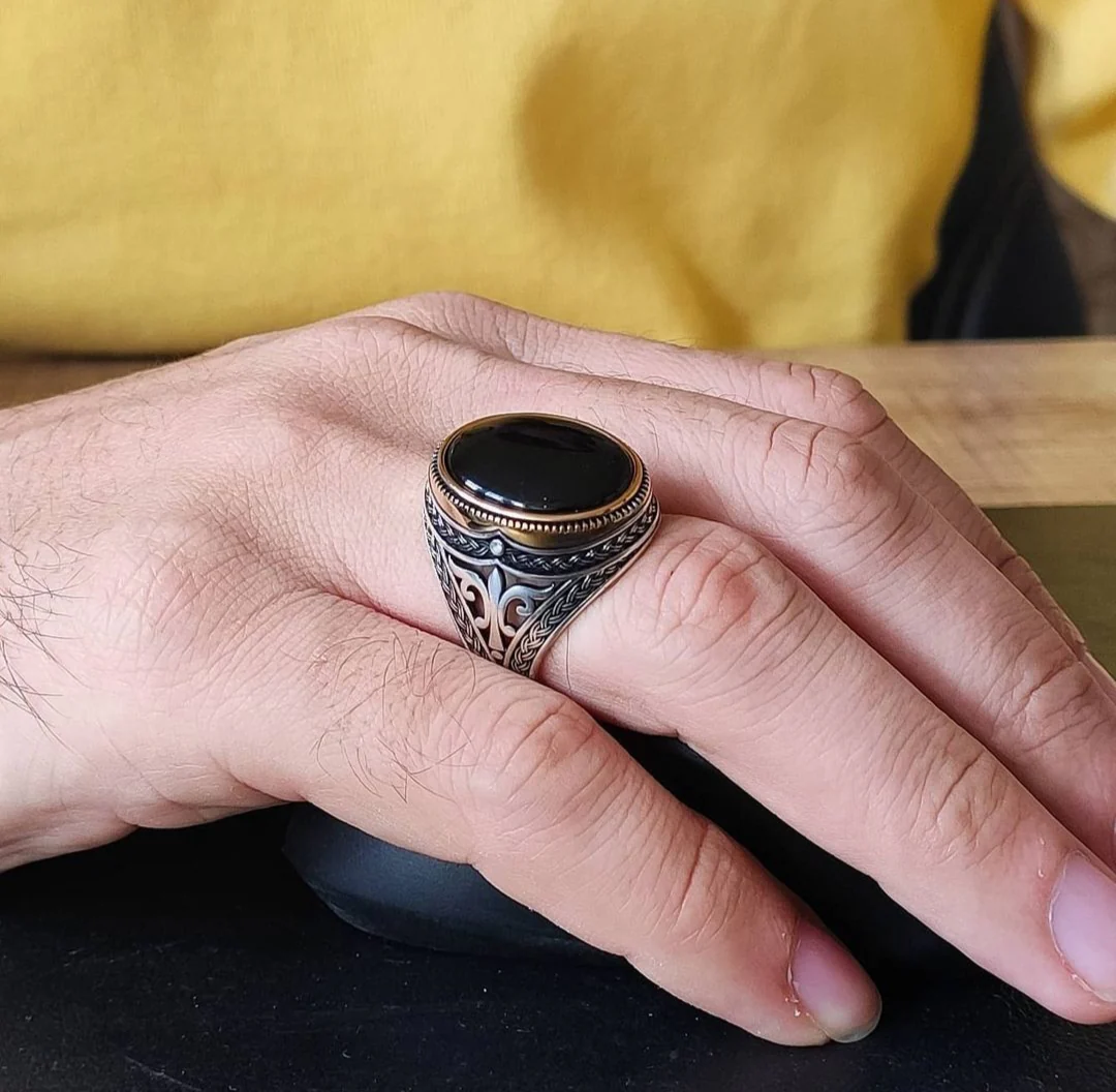 RARE PRINCE by CARAT SUTRA | Unique Turkish Style Ring with Natural Black Onyx | 925 Sterling Silver Oxidized Ring | Men's Jewelry | With Certificate of Authenticity and 925 Hallmark - Image 7