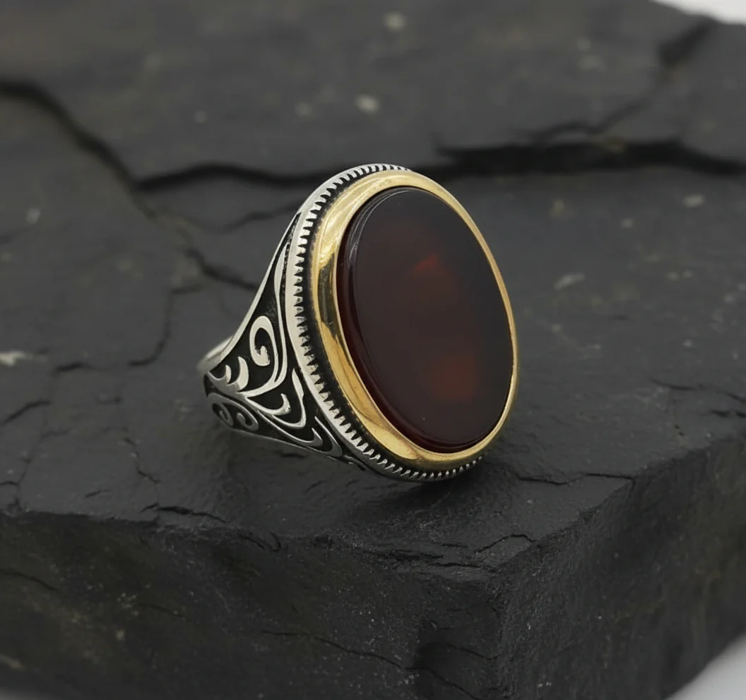 RARE PRINCE by CARAT SUTRA | Unique Turkish Style Ring with Natural Red Agate  | 925 Sterling Silver Oxidized Ring | Men's Jewelry | With Certificate of Authenticity and 925 Hallmark