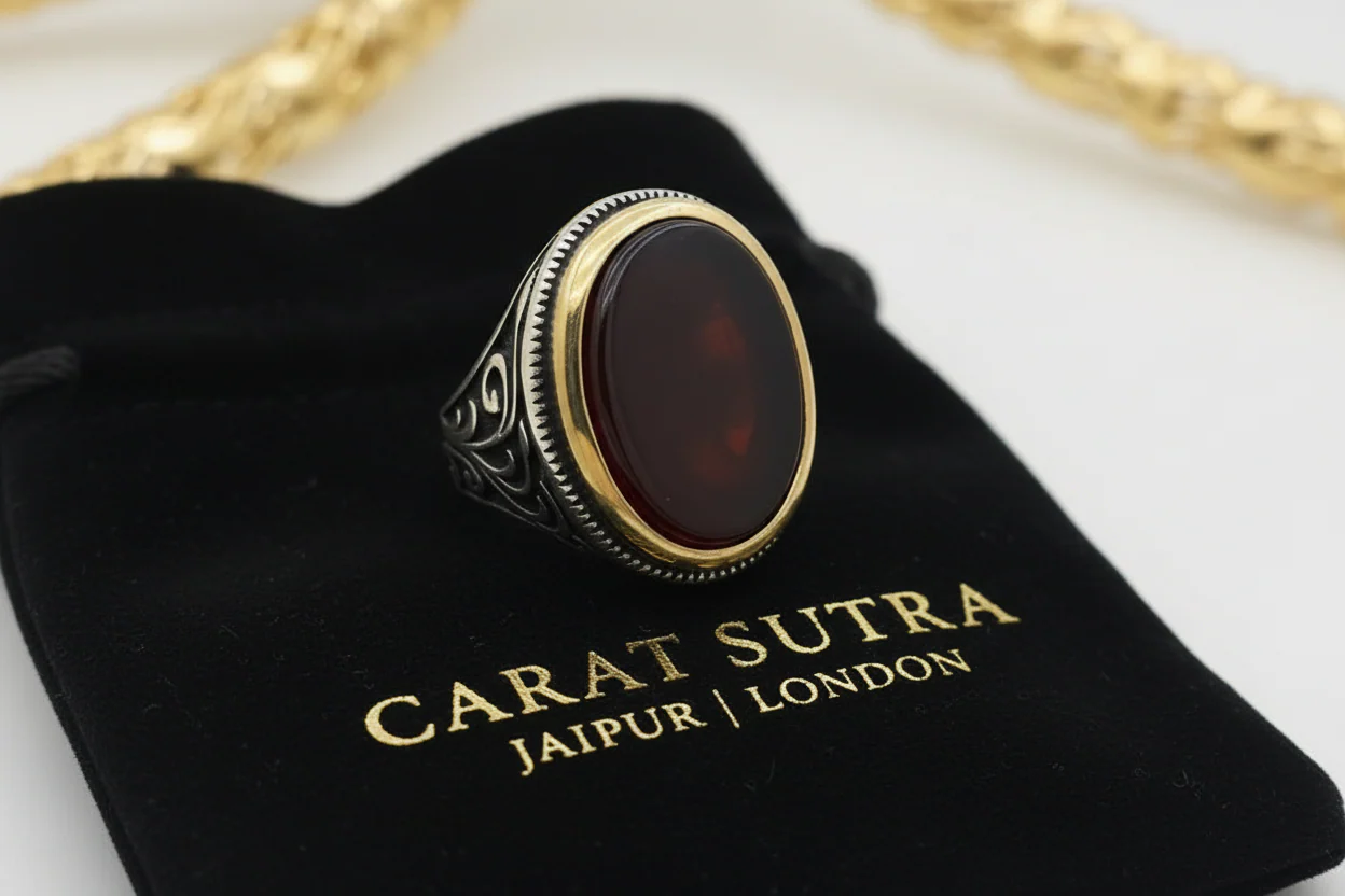 RARE PRINCE by CARAT SUTRA | Unique Turkish Style Ring with Natural Red Agate  | 925 Sterling Silver Oxidized Ring | Men's Jewelry | With Certificate of Authenticity and 925 Hallmark - Image 2