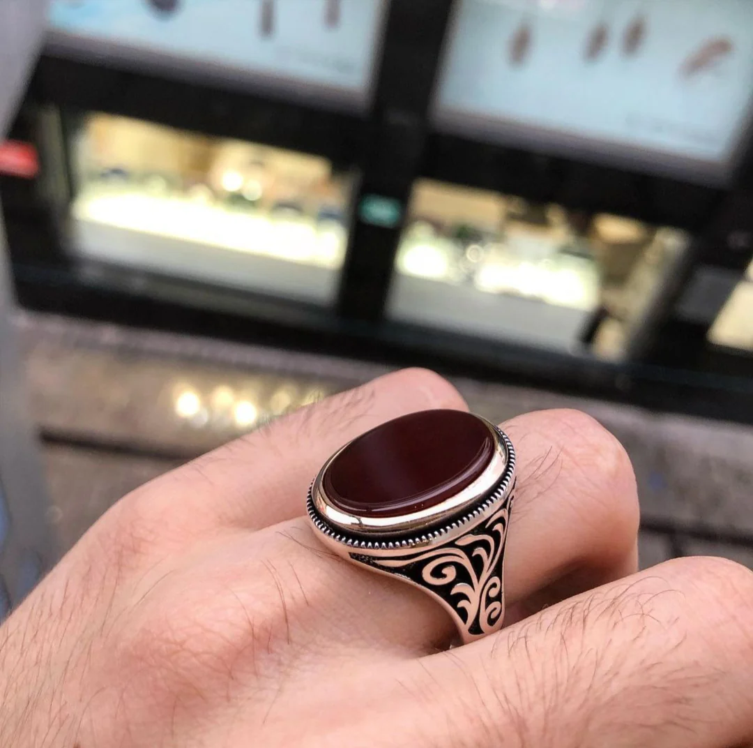 RARE PRINCE by CARAT SUTRA | Unique Turkish Style Ring with Natural Red Agate  | 925 Sterling Silver Oxidized Ring | Men's Jewelry | With Certificate of Authenticity and 925 Hallmark - Image 3