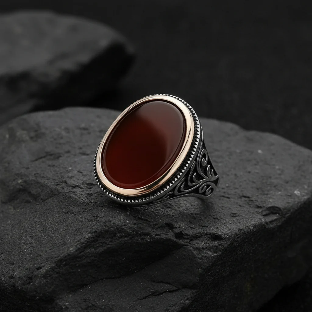 RARE PRINCE by CARAT SUTRA | Unique Turkish Style Ring with Natural Red Agate  | 925 Sterling Silver Oxidized Ring | Men's Jewelry | With Certificate of Authenticity and 925 Hallmark - Image 4