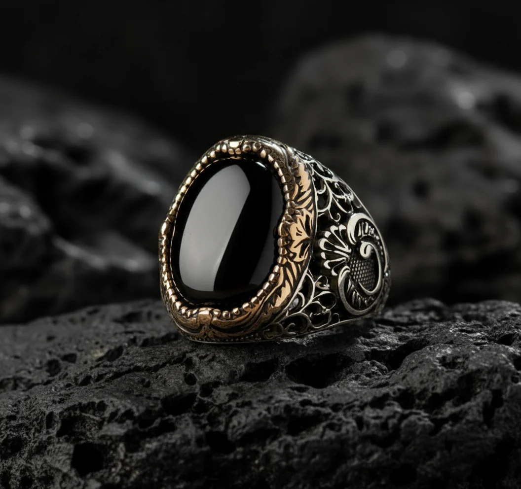 RARE PRINCE by CARAT SUTRA | Unique Turkish Style Ring with Natural Black Onyx | 925 Sterling Silver Oxidized Ring | Men's Jewelry | With Certificate of Authenticity and 925 Hallmark