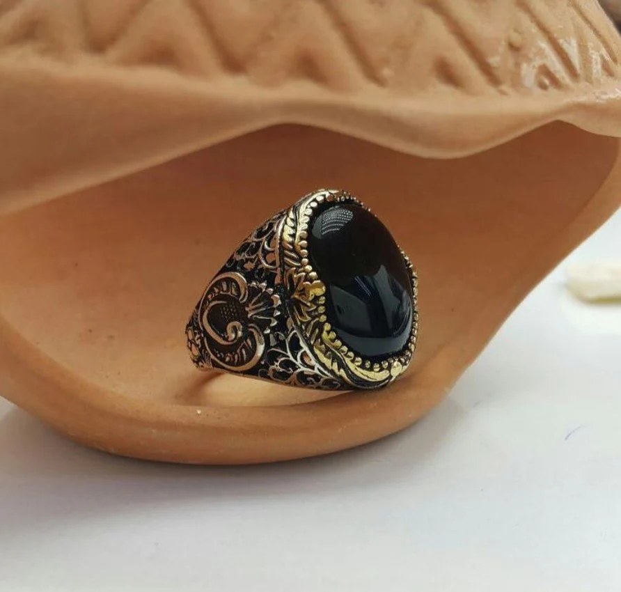 RARE PRINCE by CARAT SUTRA | Unique Turkish Style Ring with Natural Black Onyx | 925 Sterling Silver Oxidized Ring | Men's Jewelry | With Certificate of Authenticity and 925 Hallmark - Image 2