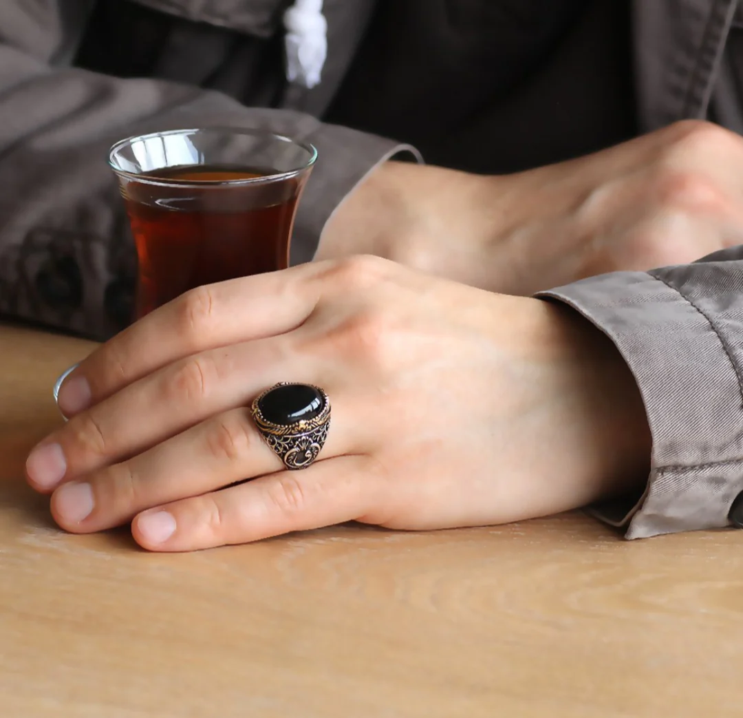 RARE PRINCE by CARAT SUTRA | Unique Turkish Style Ring with Natural Black Onyx | 925 Sterling Silver Oxidized Ring | Men's Jewelry | With Certificate of Authenticity and 925 Hallmark - Image 3