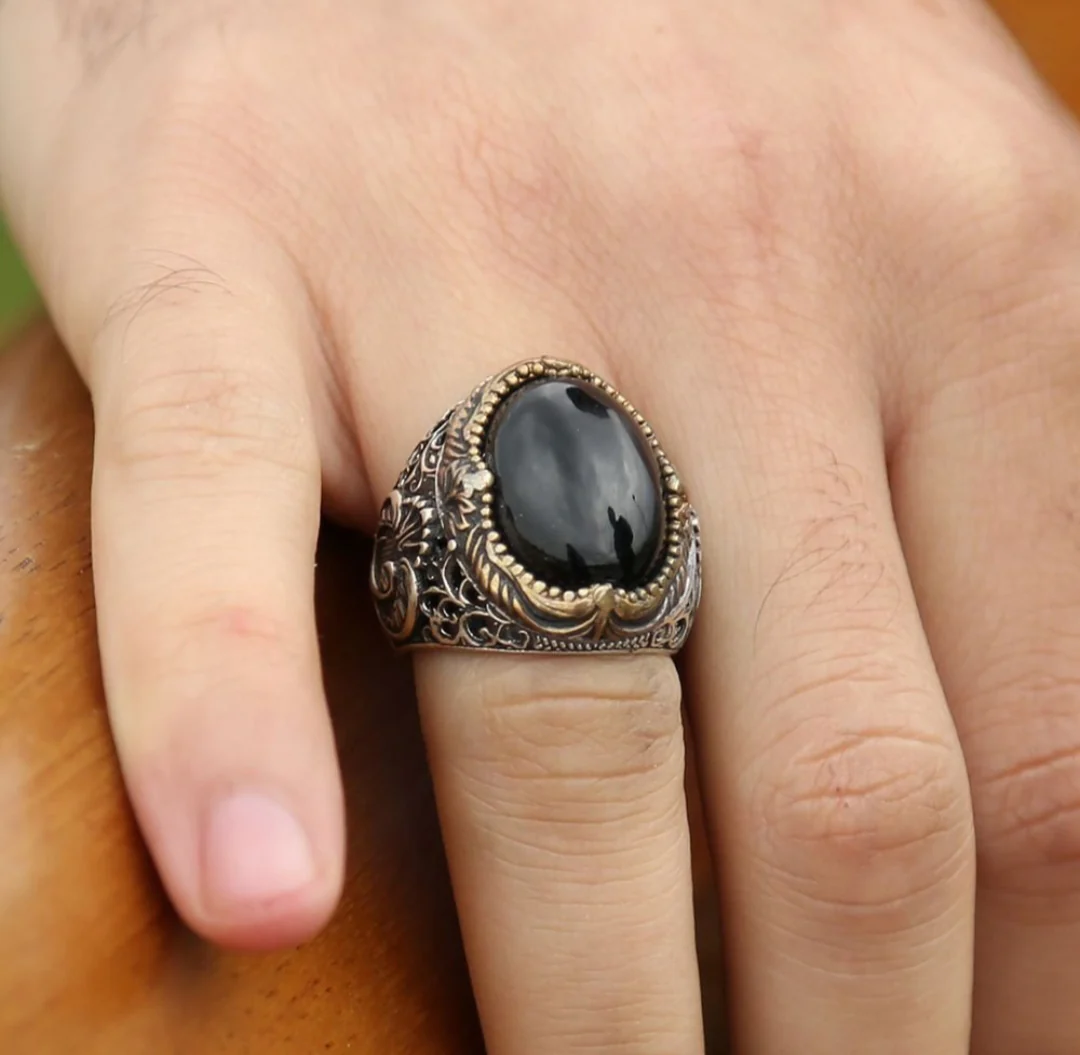 RARE PRINCE by CARAT SUTRA | Unique Turkish Style Ring with Natural Black Onyx | 925 Sterling Silver Oxidized Ring | Men's Jewelry | With Certificate of Authenticity and 925 Hallmark - Image 5