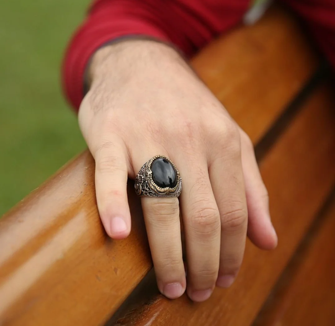 RARE PRINCE by CARAT SUTRA | Unique Turkish Style Ring with Natural Black Onyx | 925 Sterling Silver Oxidized Ring | Men's Jewelry | With Certificate of Authenticity and 925 Hallmark - Image 6