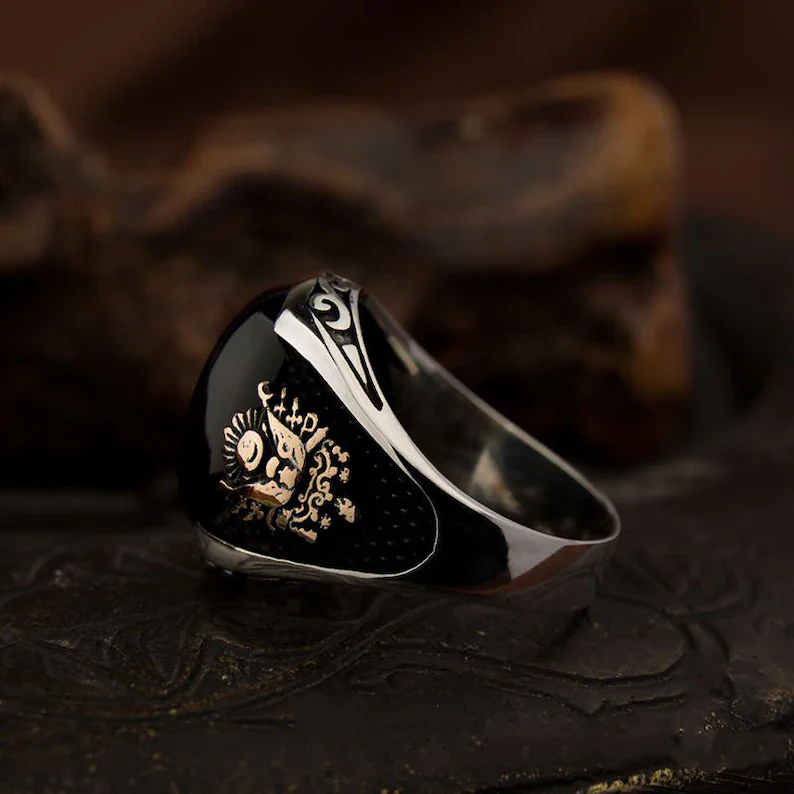 RARE PRINCE by CARAT SUTRA | Unique Turkish Style Ring with Natural Black Onyx | Black Rhodium & Gold Plated 925 Sterling Silver Ring | Men's Jewelry | With Certificate of Authenticity and 925 Hallmark - Image 5