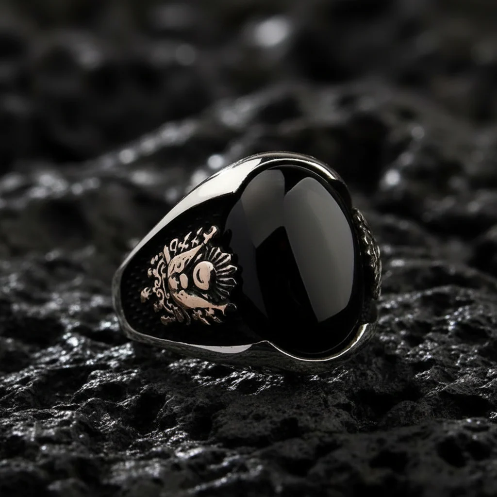 RARE PRINCE by CARAT SUTRA | Unique Turkish Style Ring with Natural Black Onyx | Black Rhodium & Gold Plated 925 Sterling Silver Ring | Men's Jewelry | With Certificate of Authenticity and 925 Hallmark - Image 6