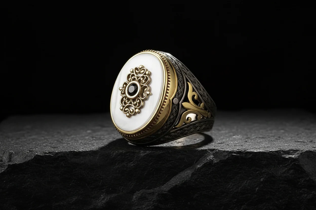RARE PRINCE by CARAT SUTRA | Unique Turkish Style Ring with Natural Pearl | Black Rhodium & Gold Plated 925 Sterling Silver Ring | Men's Jewelry | With Certificate of Authenticity and 925 Hallmark