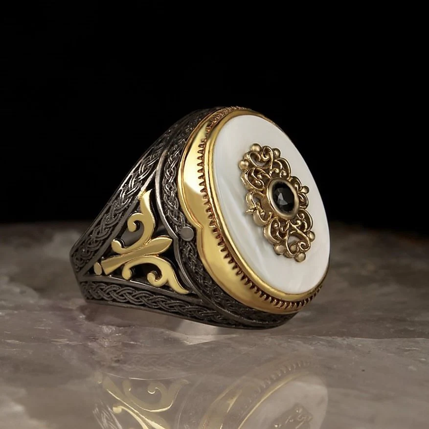 RARE PRINCE by CARAT SUTRA | Unique Turkish Style Ring with Natural Pearl | Black Rhodium & Gold Plated 925 Sterling Silver Ring | Men's Jewelry | With Certificate of Authenticity and 925 Hallmark - Image 2