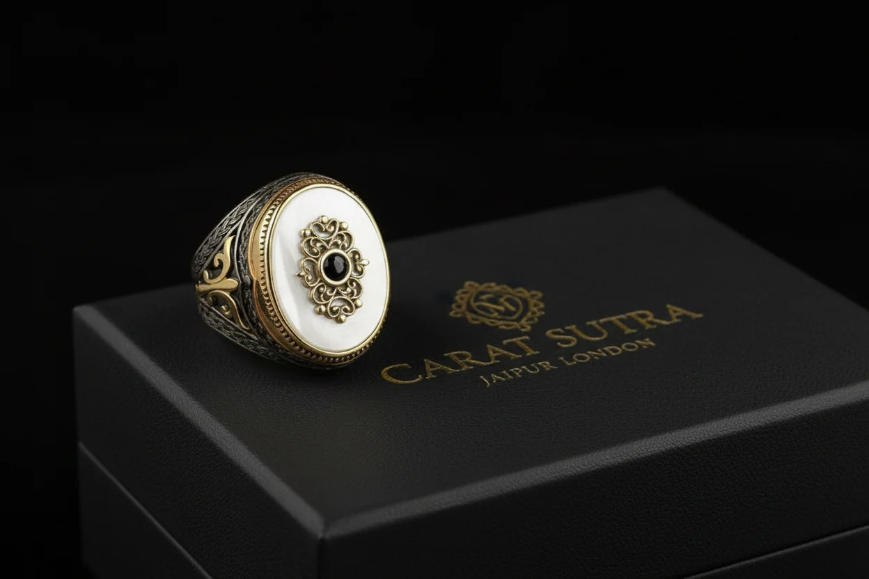 RARE PRINCE by CARAT SUTRA | Unique Turkish Style Ring with Natural Pearl | Black Rhodium & Gold Plated 925 Sterling Silver Ring | Men's Jewelry | With Certificate of Authenticity and 925 Hallmark - Image 4