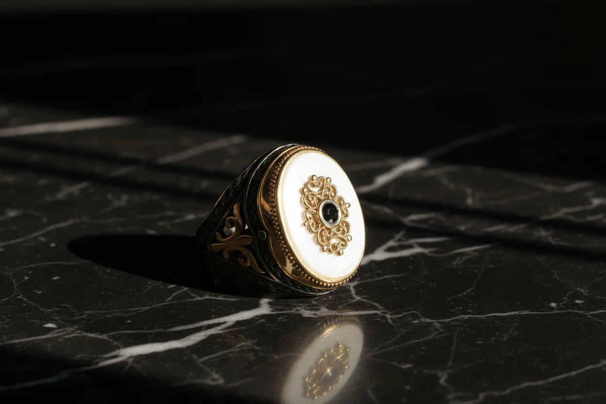RARE PRINCE by CARAT SUTRA | Unique Turkish Style Ring with Natural Pearl | Black Rhodium & Gold Plated 925 Sterling Silver Ring | Men's Jewelry | With Certificate of Authenticity and 925 Hallmark - Image 6