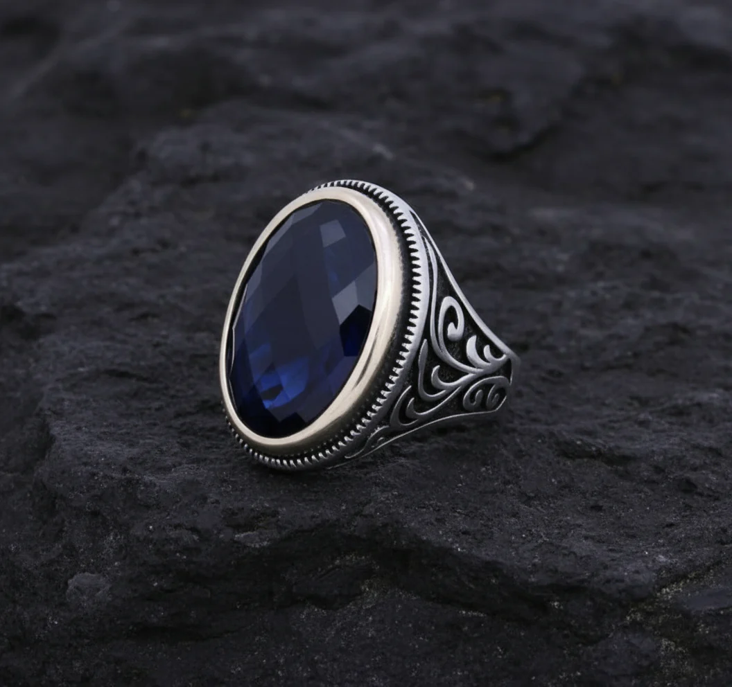 RARE PRINCE by CARAT SUTRA | Unique Turkish Style Ring with S Blue Sapphire, Oxidized Sterling Silver 925 Ring | Jewellery for Men| With Certificate of Authenticity and 925 Hallmark