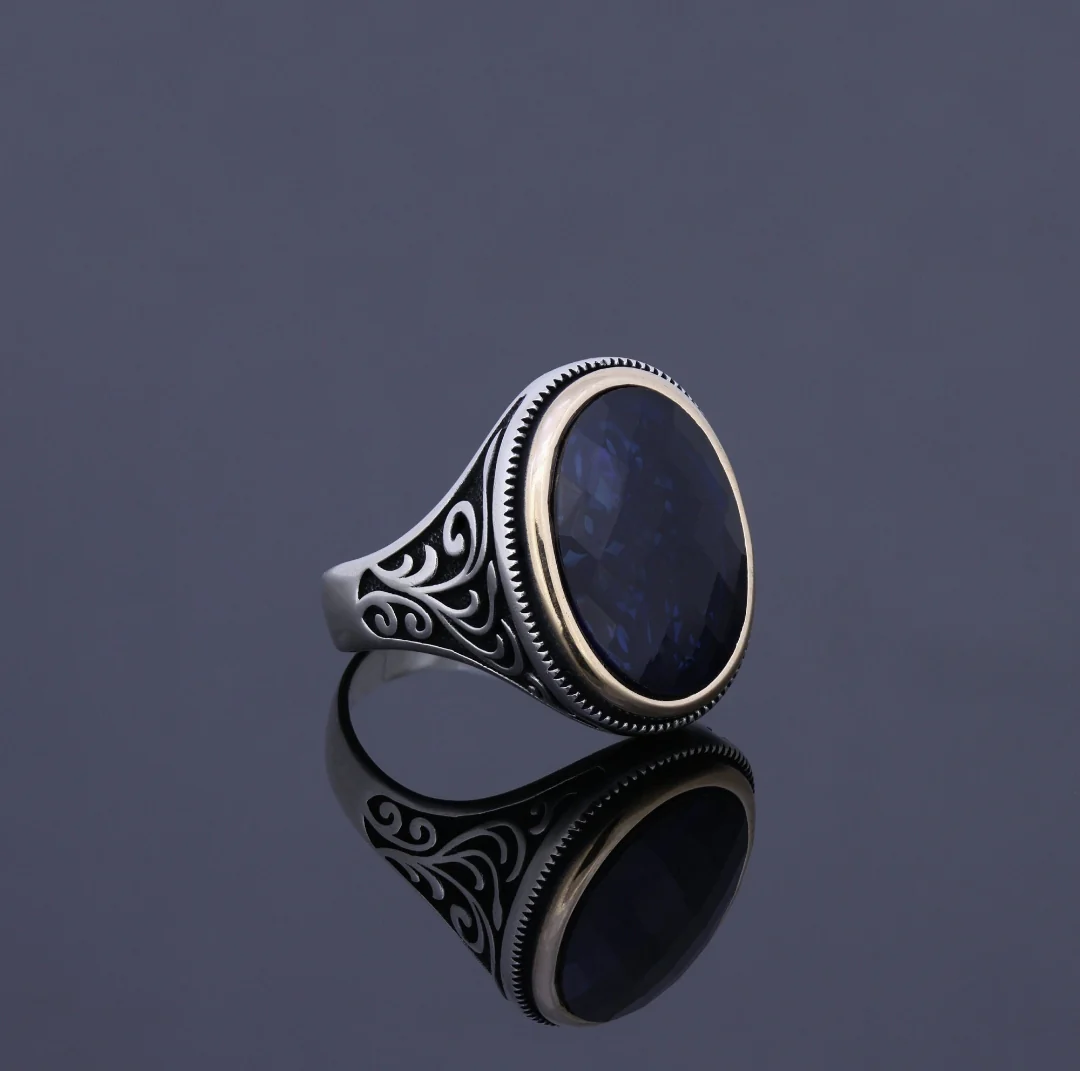RARE PRINCE by CARAT SUTRA | Unique Turkish Style Ring with S Blue Sapphire, Oxidized Sterling Silver 925 Ring | Jewellery for Men| With Certificate of Authenticity and 925 Hallmark - Image 2