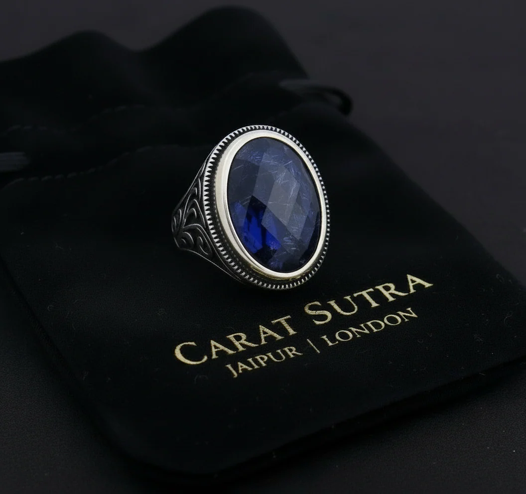 RARE PRINCE by CARAT SUTRA | Unique Turkish Style Ring with S Blue Sapphire, Oxidized Sterling Silver 925 Ring | Jewellery for Men| With Certificate of Authenticity and 925 Hallmark - Image 3
