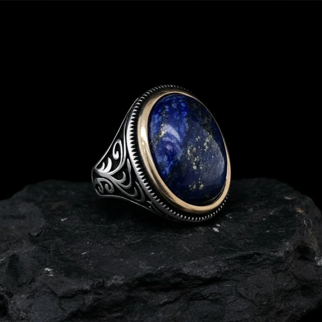 RARE PRINCE by CARAT SUTRA | Unique Turkish Style Ring with Natural Blue Lapis Lazuli | 925 Sterling Silver Oxidized Ring | Men's Jewelry | With Certificate of Authenticity and 925 Hallmark - Image 4