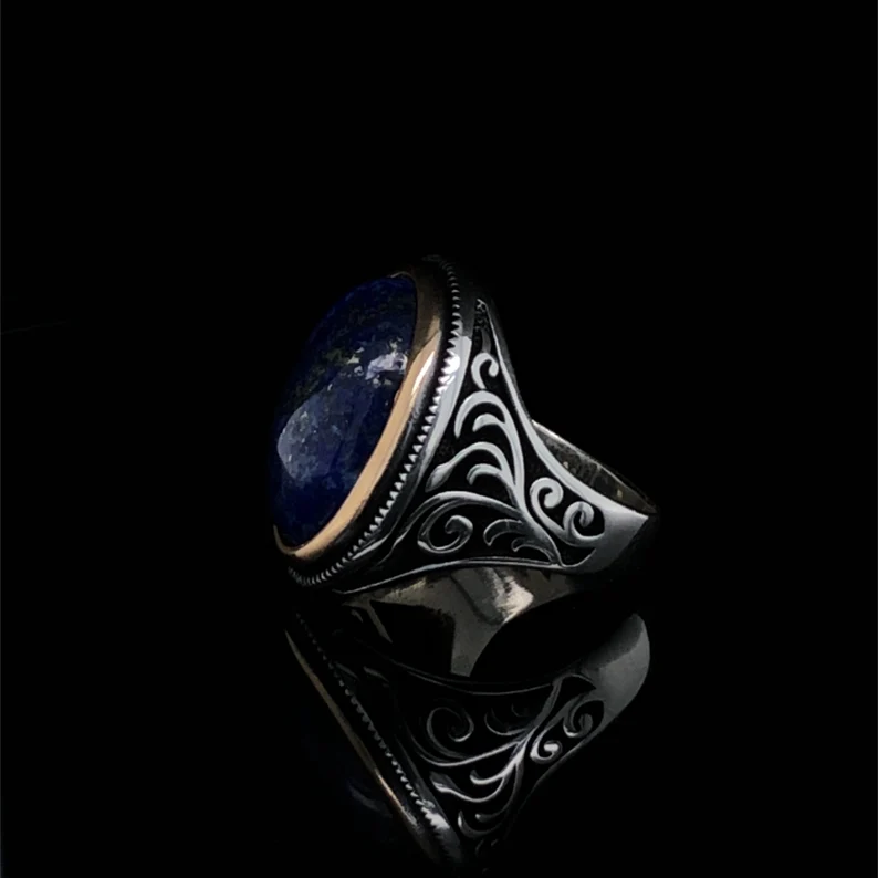 RARE PRINCE by CARAT SUTRA | Unique Turkish Style Ring with Natural Blue Lapis Lazuli | 925 Sterling Silver Oxidized Ring | Men's Jewelry | With Certificate of Authenticity and 925 Hallmark - Image 5