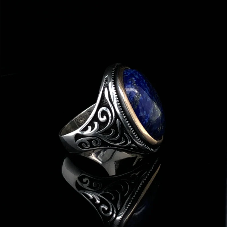 RARE PRINCE by CARAT SUTRA | Unique Turkish Style Ring with Natural Blue Lapis Lazuli | 925 Sterling Silver Oxidized Ring | Men's Jewelry | With Certificate of Authenticity and 925 Hallmark - Image 6