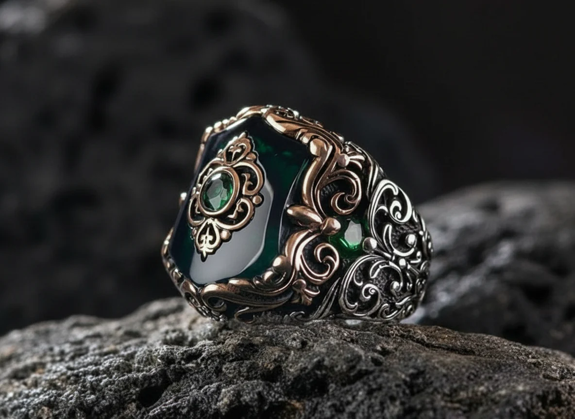 RARE PRINCE by CARAT SUTRA | Unique Turkish Style Ring with Green Onyx | 925 Sterling Silver Oxidized Ring | Men's Jewelry | With Certificate of Authenticity and 925 Hallmark
