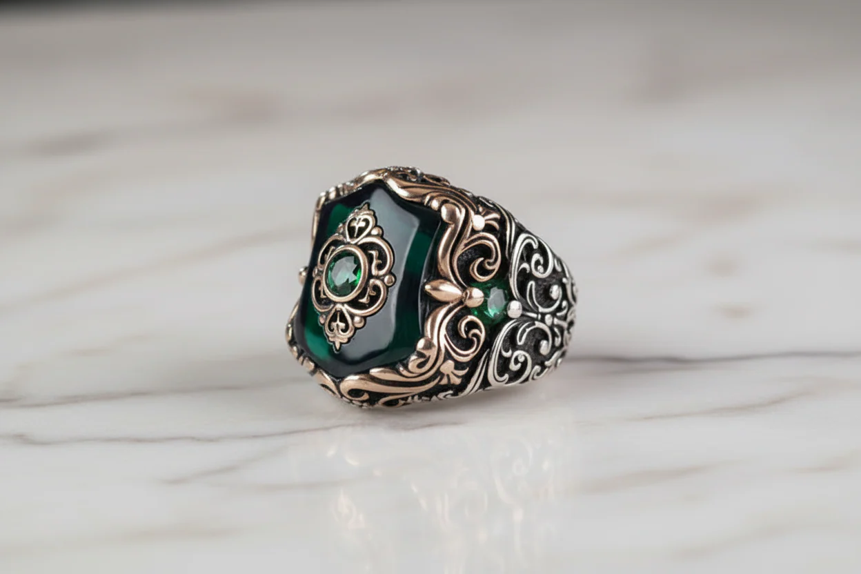 RARE PRINCE by CARAT SUTRA | Unique Turkish Style Ring with Green Onyx | 925 Sterling Silver Oxidized Ring | Men's Jewelry | With Certificate of Authenticity and 925 Hallmark - Image 2