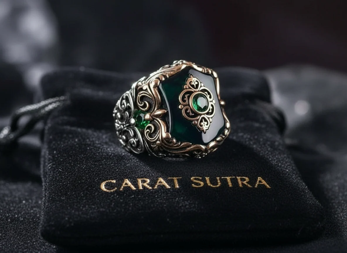 RARE PRINCE by CARAT SUTRA | Unique Turkish Style Ring with Green Onyx | 925 Sterling Silver Oxidized Ring | Men's Jewelry | With Certificate of Authenticity and 925 Hallmark - Image 3