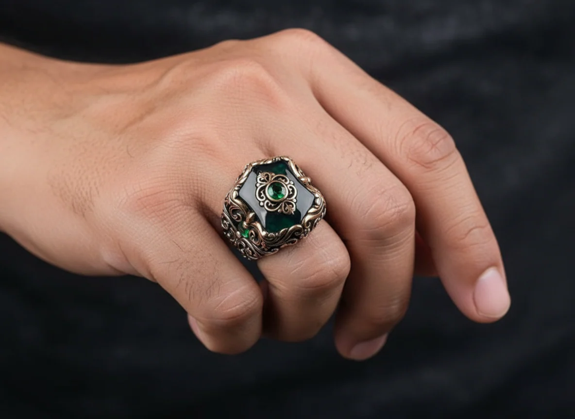 RARE PRINCE by CARAT SUTRA | Unique Turkish Style Ring with Green Onyx | 925 Sterling Silver Oxidized Ring | Men's Jewelry | With Certificate of Authenticity and 925 Hallmark - Image 4