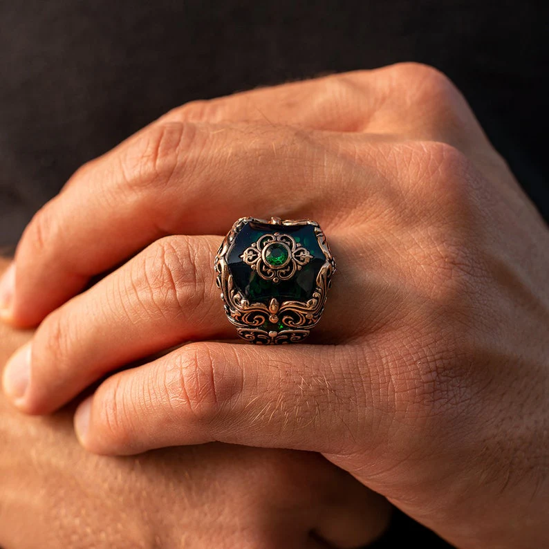 RARE PRINCE by CARAT SUTRA | Unique Turkish Style Ring with Green Onyx | 925 Sterling Silver Oxidized Ring | Men's Jewelry | With Certificate of Authenticity and 925 Hallmark - Image 5