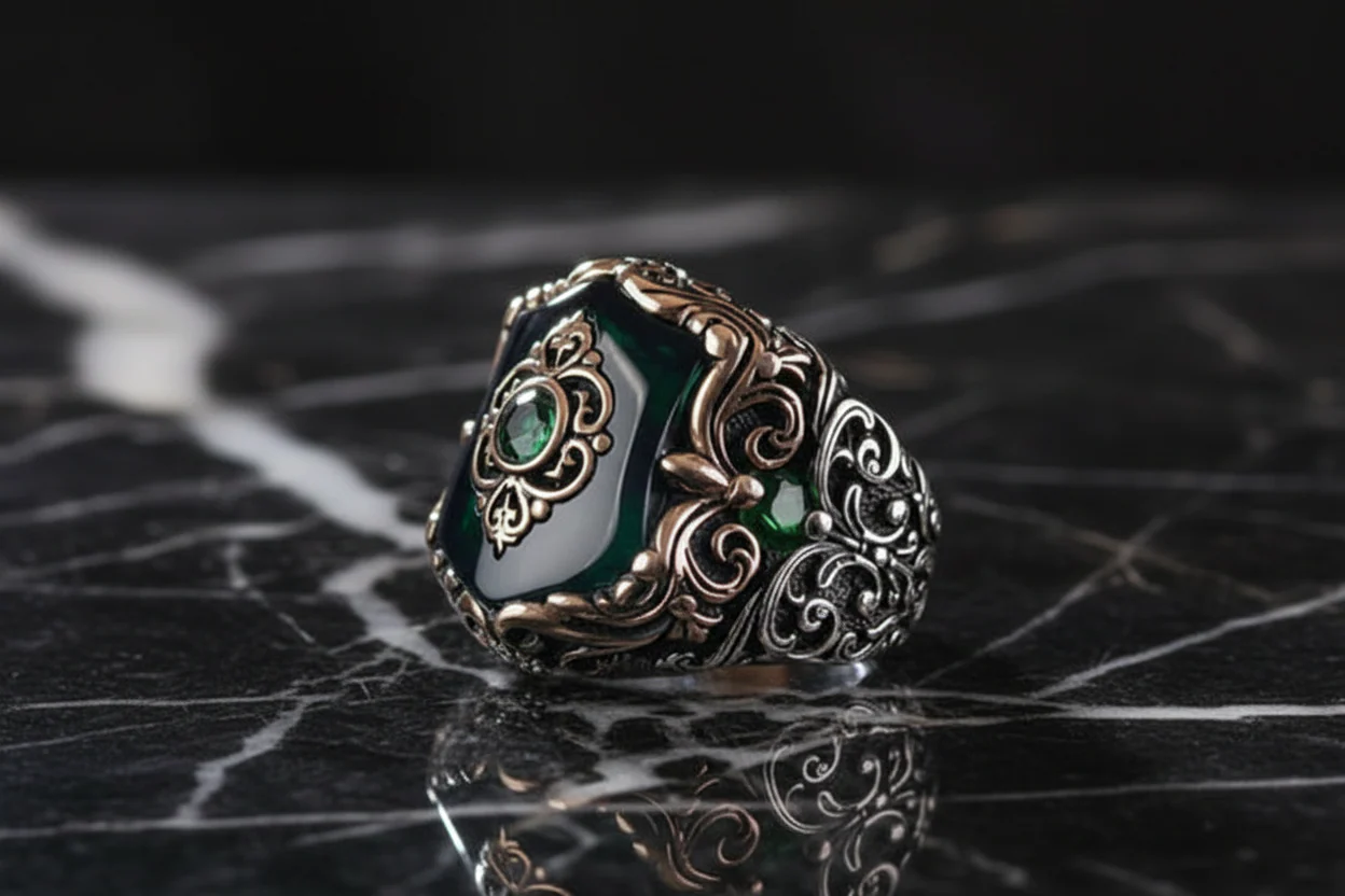 RARE PRINCE by CARAT SUTRA | Unique Turkish Style Ring with Green Onyx | 925 Sterling Silver Oxidized Ring | Men's Jewelry | With Certificate of Authenticity and 925 Hallmark - Image 6