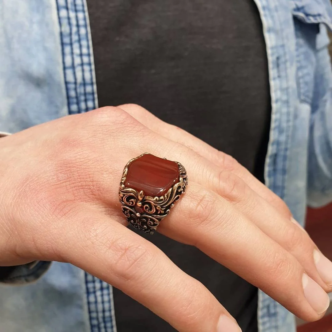 RARE PRINCE by CARAT SUTRA | Unique Turkish Style Ring with Natural Red Agate | 925 Sterling Silver Oxidized Ring | Men's Jewelry | With Certificate of Authenticity and 925 Hallmark - Image 5