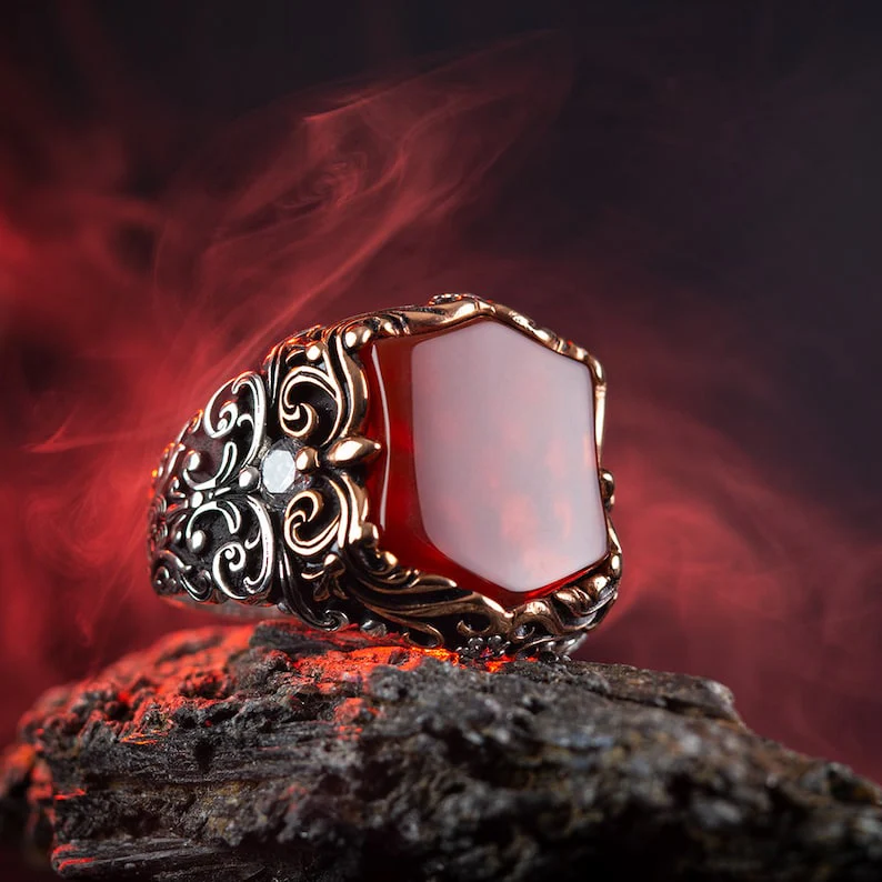 RARE PRINCE by CARAT SUTRA | Unique Turkish Style Ring with Natural Red Agate | 925 Sterling Silver Oxidized Ring | Men's Jewelry | With Certificate of Authenticity and 925 Hallmark - Image 6