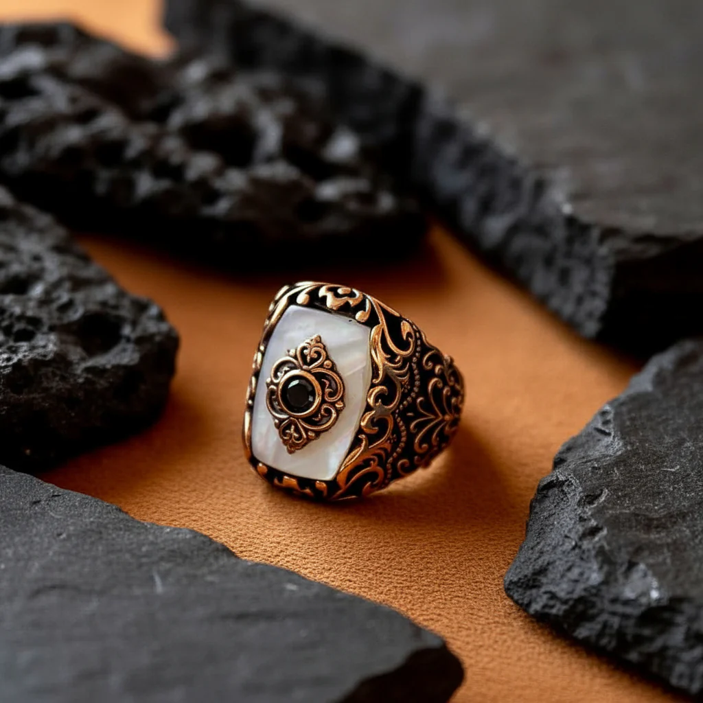 RARE PRINCE by CARAT SUTRA | Unique Turkish Style Ring with Natural Pearl | 925 Sterling Silver Oxidized Ring | Men's Jewelry | With Certificate of Authenticity and 925 Hallmark