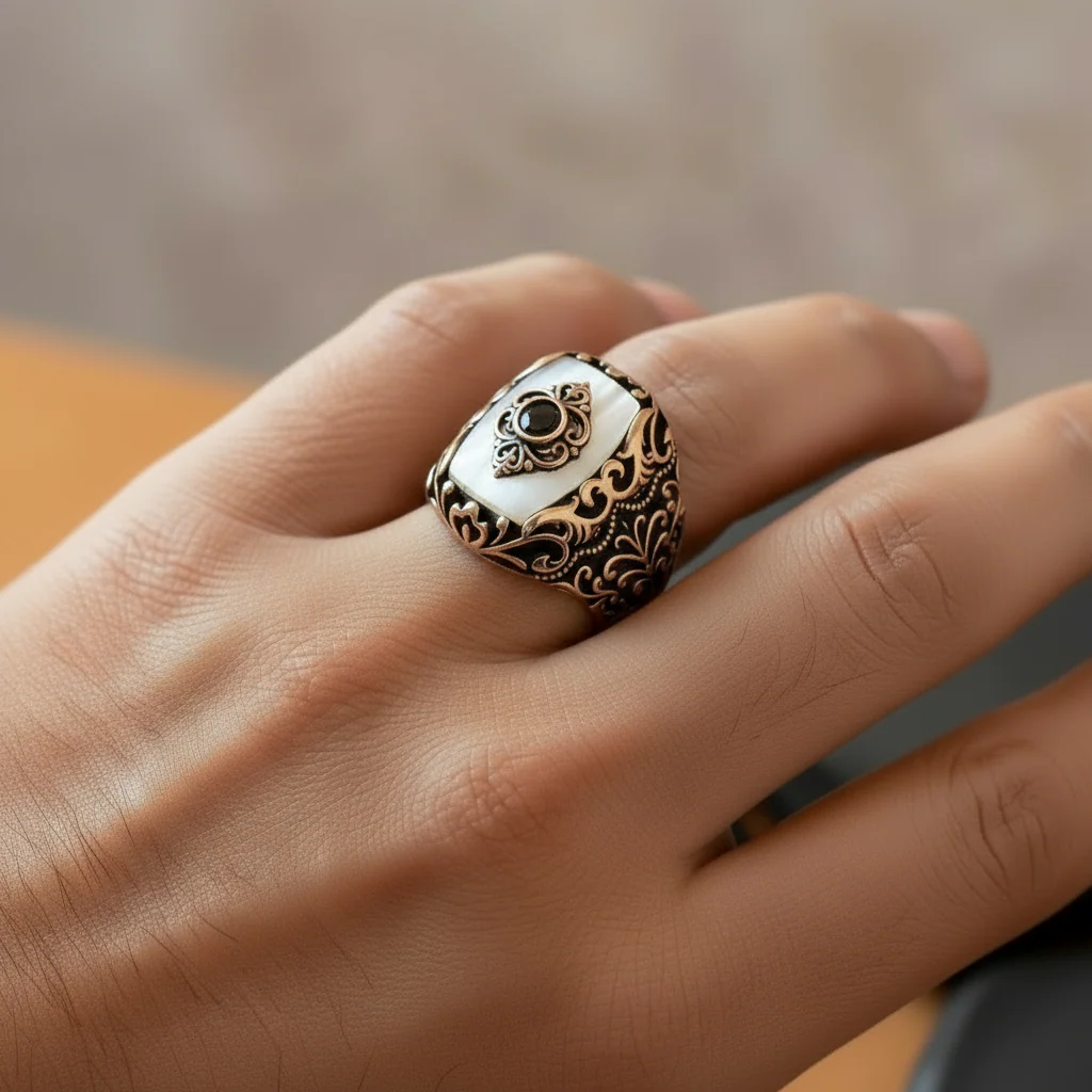 RARE PRINCE by CARAT SUTRA | Unique Turkish Style Ring with Natural Pearl | 925 Sterling Silver Oxidized Ring | Men's Jewelry | With Certificate of Authenticity and 925 Hallmark - Image 2