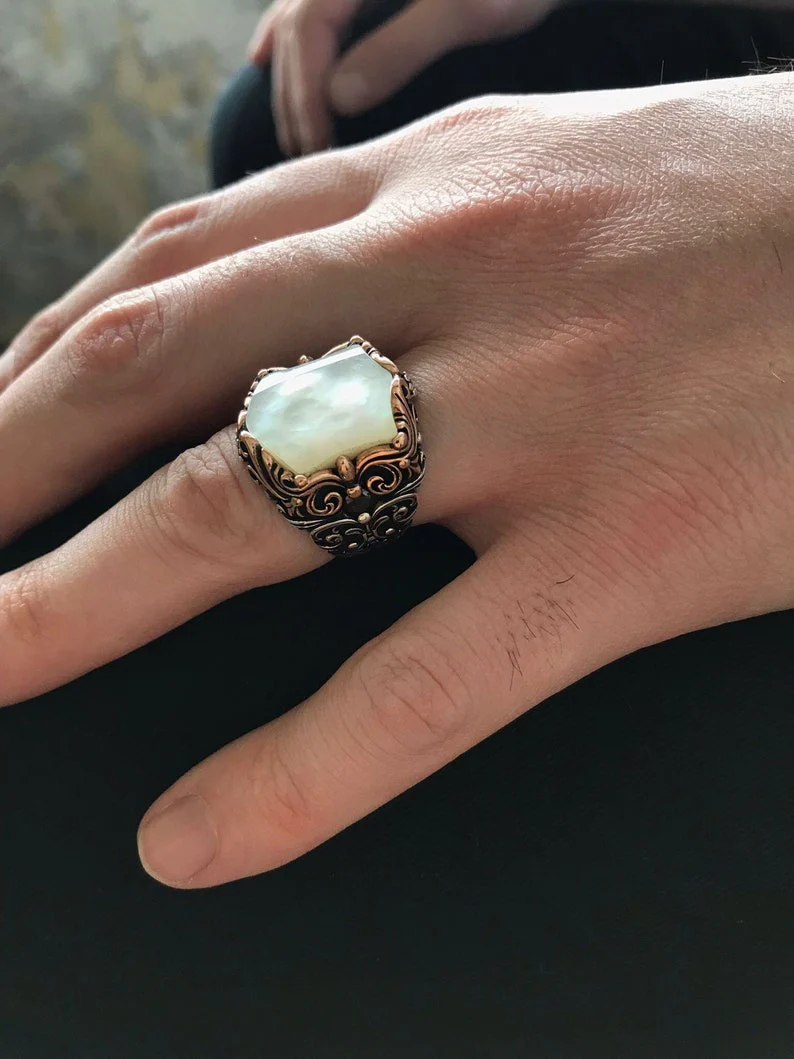 RARE PRINCE by CARAT SUTRA | Unique Turkish Style Ring with Natural Pearl | 925 Sterling Silver Oxidized Ring | Men's Jewelry | With Certificate of Authenticity and 925 Hallmark - Image 4