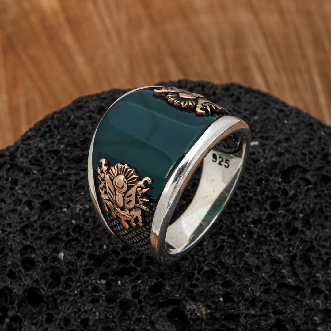 RARE PRINCE by CARAT SUTRA | Unique Turkish Style Curved Ring with Green Onyx | 925 Sterling Silver Oxidized Ring | Men's Jewelry | With Certificate of Authenticity and 925 Hallmark