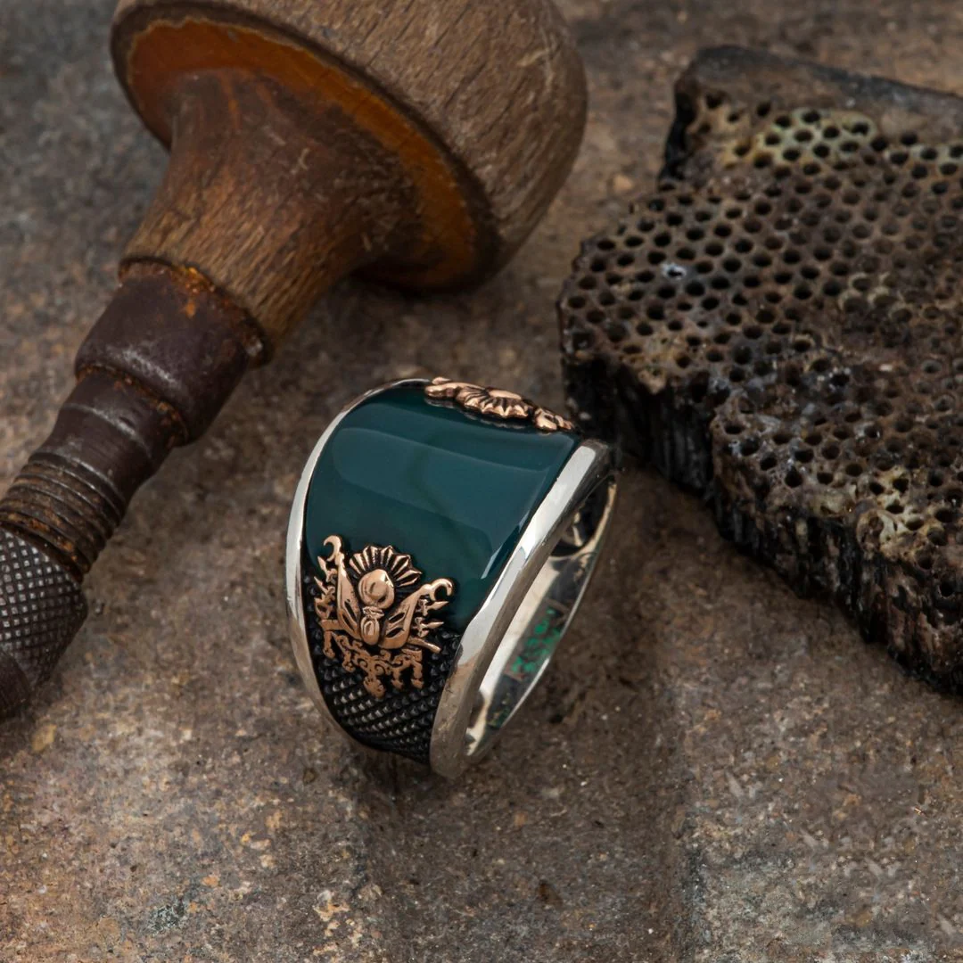 RARE PRINCE by CARAT SUTRA | Unique Turkish Style Curved Ring with Green Onyx | 925 Sterling Silver Oxidized Ring | Men's Jewelry | With Certificate of Authenticity and 925 Hallmark - Image 2
